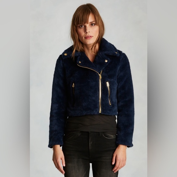 🔥TRUE RELIGION Faux Fur Cropped Moto Jacket Navy‎ & Gold Women’s size Large - Picture 1 of 14
